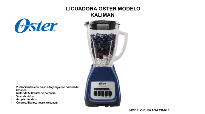 LICUADORA OSTER 2 VEL KALIMAN AZUL PB VASO DE VIDRIO