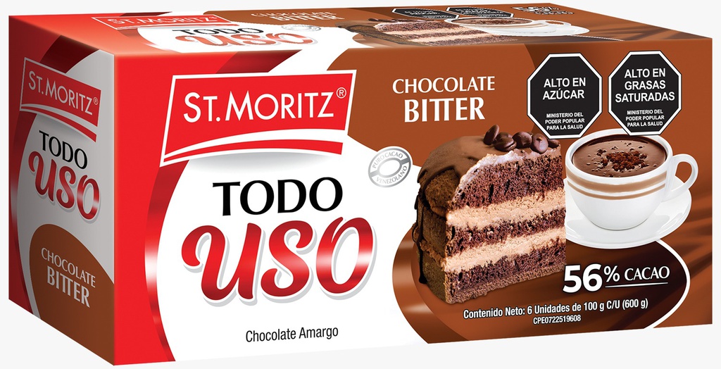 CHOCOLATE ST MORITZ 6 X 100GR TODO USO 56% BITTER