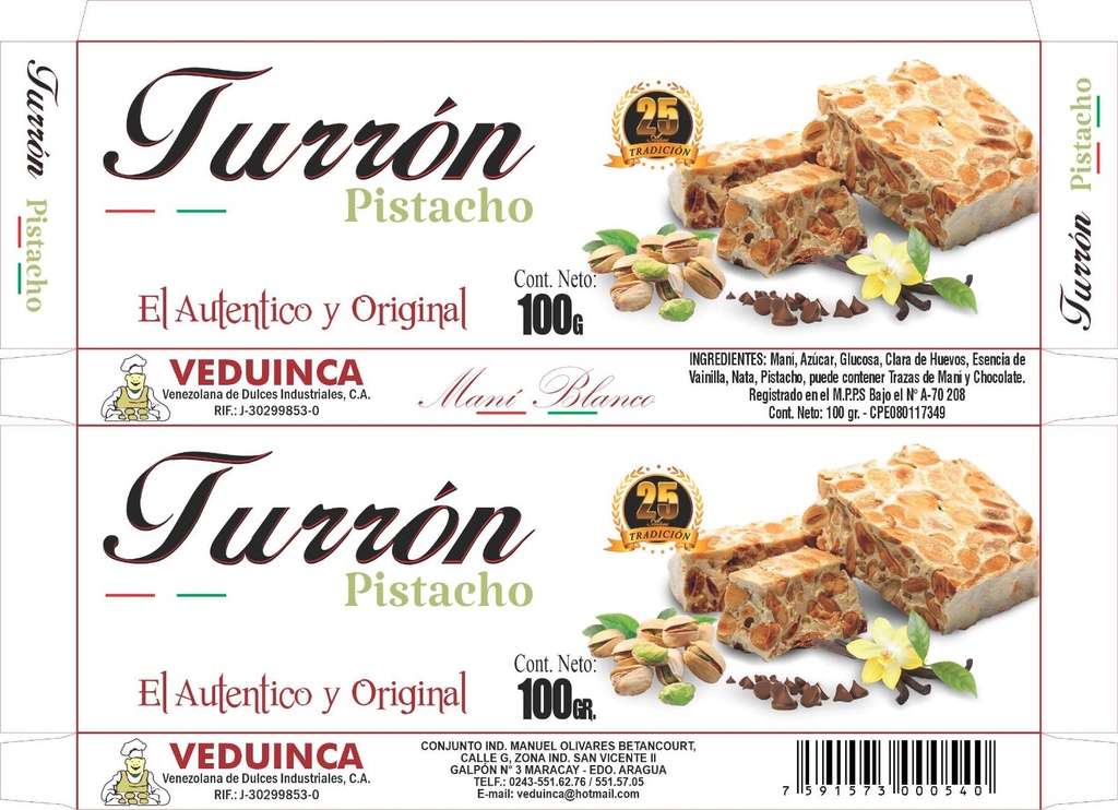 TURRON VEDUINCA 100GR PISTACHO