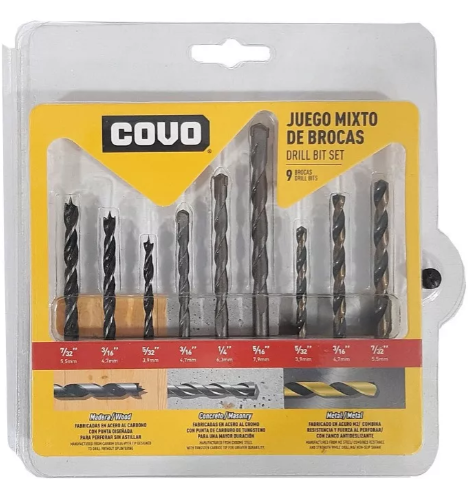 JUEGO DE MECHAS COVO 9PZAS MADERA/METAL/CONCRETO 4-216